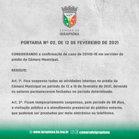 Fica suspenso todas as atividades internas no prédio da Câmara Municipal no período de 12 a 15 de fevereiro de 2021