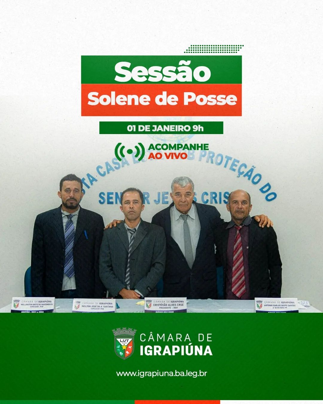 Neste domingo (01) a partir das 09h acontecerá a Sessão Solene de Posse da nova mesa Diretora para o biênio 2023/2024